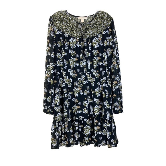 Michael Kors Women's Tiered Dress Size L Black Floral Chiffon Layered Tie Neck - Picture 1 of 8
